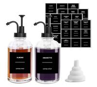 Sunal Lot de 2 distributeurs de sirop de café, en verre, noir, 500 ml, avec pompe à miel, 36 étiquettes étanches, entonnoir et pompe pour cuisine, café, bar