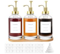 Sunal Lot de 3 distributeurs de sirop de café - 500 ml - Bouteille à miel dorée avec 36 étiquettes étanches, 1 plateau et 1 entonnoir en silicone - Pour cuisine, café, bar
