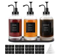 Sunal Lot de 3 distributeurs de sirop de café - 500 ml - Noir - Avec 36 étiquettes étanches, 1 plateau et 1 entonnoir en silicone - Pour cuisine, café, bar