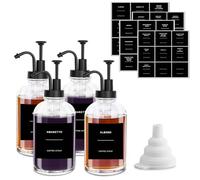 sunal Lot de 4 distributeurs de sirop de café en verre avec 36 étiquettes étanches et entonnoir et pompe pour cuisine, café, bar, 500 ml