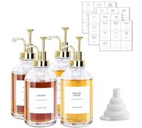 Sunal Lot de 4 distributeurs de sirop de café en verre doré, bouteille pompe 500 ml/16,9 oz avec 36 étiquettes étanches et 1 entonnoir en silicone