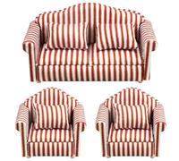 SunaOmni Canapé de Maison de poupée 3 pièces échelle 1:12, canapé rayé pour Maison poupée à siège Simple et 2 Places avec oreillers, Meubles Miniatures réalistes pour, Salon, Chambre à