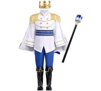 SunaOmni Costume de prince pour garçon, tunique à manches longues, costume de prince charmant pour garçon avec couronne et canne, ensemble complet pour cosplay, fête costumée, jeu rôle, 130 cm