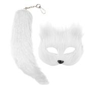 SunaOmni Lot de 2 Masques et queues de Renard, Masque d'halloween en Faux Poils Renard, Demi-Masque Therian Moelleux avec Porte-clés Queue pour Mascarade, Halloween, Cosplay