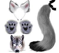 SunaOmni Masque de loup avec pattes de loup, oreilles et queue, costume réaliste et poilu, costumes décoratifs DIY pour Halloween, mascarade, cosplay, costume, costumes d'Halloween