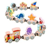 SunaOmni Train magnétique 11 pièces, Trains magnétiques en Bois Naturel, Trains d'animaux Marins, Jouets Montessori, Jouets d'apprentissage préscolaire, éducatifs de Dessin animé Mignons, Cadeaux p