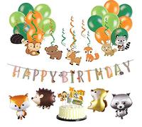 SUNBEAUTY Anniversaire Jungle Party Decoration Happy Birthday Deco Kit Latex Ballons, Tourbillon Suspendu, Guirlande Papier, Cake Topper d'animaux pour Enfant Fille Garcon - 74pcs