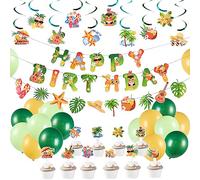 SUNBEAUTY Décoration de Fête Tropicale Hawaïenne Bannière d'anniversaire avec Spirale Guirlandes Set Thème Hawaïenne Luau Topper de Gâteaux pour Adulte Enfant Plage Été