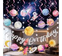 SUNBEAUTY Décoration spatiale, pastel, planète, spirale, Happy Birthday, guirlande en papier 3D, système solaire avec rocket de vaisseau spatial, pour anniversaire d'enfant, garçons et filles