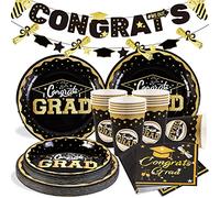 SUNBEAUTY Décorations de Fête de Remise des Diplômes Graduation Assiettes en Papier Noir Or Tasses Serviettes 2025 Congrats Bannière Fournitures de Fête Diplômes