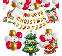 SUNBEAUTY Ensemble de Ballons de Noël, Ballons en Latex Rouges Blancs Dorés, Ballons en Aluminium en Forme d'Arbre de Noël, Père Noël, Cadeaux et Licorne avec Bannière Merry Christmas