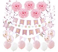 SUNBEAUTY Kit de Décoration Anniversaire Fille Happy Birthday Banner Pompons Papier de Soie Rose Fleur Guirlande Spirale Anniversaire Deco Ballon Confettis Rose Blanc pour Fille