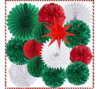 SUNBEAUTY Lot de 14 décorations de Noël en papier - À suspendre - Contient des boules en nid d'abeille - Papier de soie - Pompons en papier - Éventail - Étoile (rouge, vert et blanc)