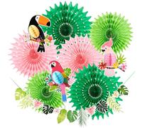 SUNBEAUTY Lot de 14 décorations hawaïennes, avec 10 éventails en papier, 3 décorations tropicales au motif d'oiseau, guirlande suspendue, vertes, pour anniversaire, fête de jardin, été, fête hawaïenne