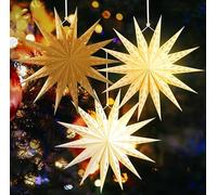 SUNBEAUTY Lot de 3 abat-jours en forme d'étoile en papier 45cm marron clair couleur bois naturelle blanc étoiles pliantes décoration 14 pointes étoiles évidées décoration de fête pour Noël mariage