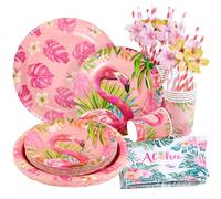 SUNBEAUTY Lot de 80 Assiettes en Carton de Fête Hawaïennes avec Gobelets, Serviettes, Pailles - Flamants Roses, Décoration d'Anniversaire pour Enfant