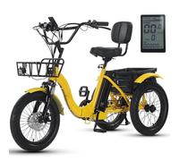 SUNBGRPYE Tricycle Électrique Adulte, Tricycle Pliable avec Pneus Larges 18″, Autonomie Maximale De 44km, Batterie Amovible, Capacité De Charge De 200kg, pour Les Promenades Et Le Shopping. Yellow