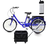 SUNBGRPYE Tricycle éLectrique pour Adulte, VéLo Tricycle 24 Pouces, avec Moteur 350W + Batterie 36V 12Ah, Autonomie 35-40 Km, Capacité De Charge 150 Kg, Tricycle d'exercice,Blue-Box