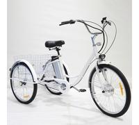 SUNBGRPYE Tricycle éLectrique pour Adulte, VéLo Tricycle 24 Pouces, avec Moteur 350W + Batterie 36V 12Ah, Autonomie 35-40 Km, Capacité De Charge 150 Kg, Tricycle d'exercice,White-Basket