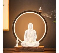 sunbiaouk Statue Bouddhiste en céramique avec brûleur d'encens et Lampe LED Circulaire, Applique Murale représentant Bouddha, décoration de méditation pour la Maison et Le Bureau.(White,C)