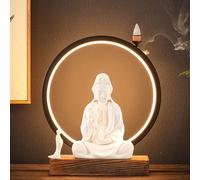 sunbiaouk Statue Bouddhiste en céramique avec brûleur d'encens et Lampe LED Circulaire, Applique Murale représentant Bouddha, décoration de méditation pour la Maison et Le Bureau.(White,A)