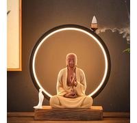 sunbiaouk Statue Bouddhiste en céramique avec brûleur d'encens et Lampe LED Circulaire, Applique Murale représentant Bouddha, décoration de méditation pour la Maison et Le Bureau.(White,B)
