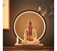 sunbiaouk Statue Bouddhiste en céramique avec brûleur d'encens et Lampe LED Circulaire, Applique Murale représentant Bouddha, décoration de méditation pour la Maison et Le Bureau.(Brown,C)