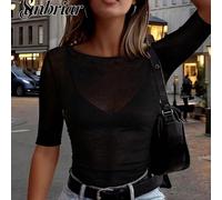 SUNBRIAR T-shirt Top Y2K Élastique Transparent Manches 3/4 Col Rond Coupe Slim, Top Décontracté Printemps Noir Été L,M,S,XL,XSUnicoloreTissu tricoté