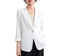Suncadmious Blazer décontracté pour femme, collection printemps, avec col à revers et manches trois-quarts, élégant cardigan à un bouton, idéal pour le travail et le bureau. (Blanc,M)