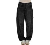 Suncadmious Femmes Filles Mode décontracté Strass lâche Harlan Jeans Nouveau Strass Droit Jambe Large Brillant Jeans lâche Droit Perle Jeans (Noir,M)