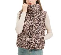 Suncadmious Gilet sans Manches matelassé épais à imprimé léopard pour Femme idéal pour l'hiver Col Montant Poches et Doudoune Chaude