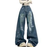 Suncadmious Jean Taille Haute pour Femme Style Gothique Vintage Grunge décontracté Style années 2000 Coupe Droite Jambes Larges imprimé Alphabet Graffiti Pantalon Large (Bleu,S)