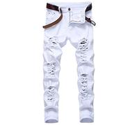 Suncadmious Jeans déchirés pour Hommes, Jambe Droite ajustée, Pantalon en Jean avec Trous (Blanc,28)