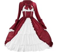 Suncadmious Robe à volants gothique médiévale pour femme robe longue slim à manches longues robe de soirée gothique Lolita médiévale Renaissance robe de bal (Rouge,3TG)