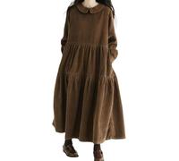 Suncadmious Robe de poupée Vintage en Velours côtelé pour Femmes col de poupée Robe à Manches Longues, Style Universitaire Robe Longue à Volants avec Poches Automne Hiver (Marron,XL)