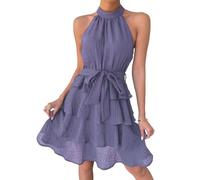 Suncadmious Robe d'été tendance pour femme, dos nu, à volants superposés ; Élégante robe de soirée sans manches, à volants, patchwork et taille nouée. (Violet,S)