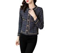 Suncadmious Veste courte en tweed à carreaux et col rond pour femme élégante et tendance à la mode avec revers boutonné pour le bureau et le travail collection printemps/automne (Marine,Grand)