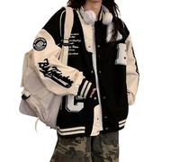 Suncadmious Veste de baseball ample pour femme style rétro rayé couleur contrastée style universitaire style Harajuku sweat-shirt surdimensionné (Noir,Grand)