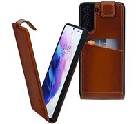 Suncase Étui de protection à rabat original en cuir véritable ultra fin compatible avec Samsung Galaxy A57 5G Cognac brûlé