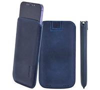 Suncase Étui de protection en cuir original compatible avec iPhone 18 Pro Max - Ultra fin - Avec languette d'extraction - Bleu galet