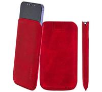 Suncase Étui de protection en cuir original compatible avec iPhone 18 Pro - Ultra fin - Avec languette d'extraction - Rouge vieilli