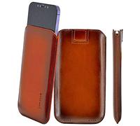 Suncase Étui de protection en cuir original compatible avec iPhone 18 Pro - Ultra fin - Avec languette d'extraction - Cognac brûlé