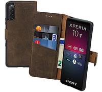 Suncase Étui de protection en cuir style livre compatible avec Sony Xperia 10 V 5 (2023) (slim fit) avec 3 compartiments pour cartes, marron antique