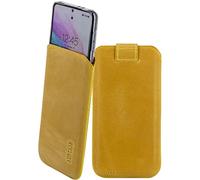 Suncase Étui de protection en cuir véritable compatible avec iPhone 18 Pro - Étui de protection de qualité supérieure avec fonction languette d'extraction et coque de protection transparente jaune