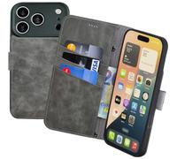 Suncase Étui de protection original de style livre compatible avec iPhone 18 Pro - En cuir véritable - Étui portefeuille avec 3 compartiments pour cartes - Gris vieilli