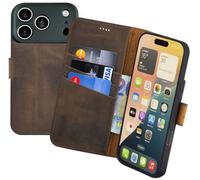Suncase Étui de protection original de style livre compatible avec iPhone 18 Pro Max - En cuir véritable - Étui portefeuille avec 3 compartiments pour cartes - Marron vieilli