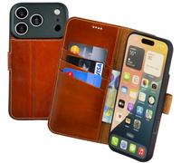 Suncase Étui de protection original de style livre compatible avec iPhone 18 Pro Max - En cuir véritable - Étui portefeuille avec 3 compartiments pour cartes - Cognac brûlé