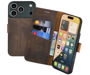Suncase Étui de protection original de style livre compatible avec iPhone 18 Pro Max - En cuir véritable - Étui portefeuille avec 3 compartiments pour cartes - Marron vieilli