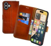 Suncase Étui de protection original de style livre compatible avec Xiaomi Redmi Note 15 Pro+ 5G - En cuir véritable - Avec 3 compartiments pour cartes - Cognac brûlé