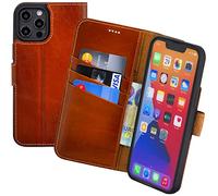 Suncase Étui de protection original style livre compatible avec Gigaset GS6 Pro - En cuir véritable - Avec 3 compartiments pour cartes - Cognac brûlé